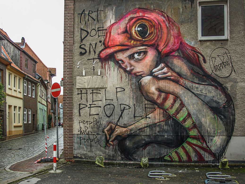 German muralists <a href="http://www.herakut.de/" target="_blank" target="_blank">Hera and Akut</a> have worked together since 2004. They combine characters who seem plucked from fairy tales with biting text.