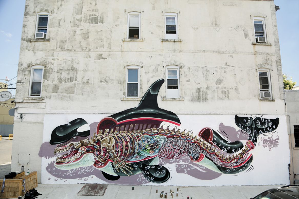 Born to a family of hunters, Austrian street artist <a href="http://nychos.tumblr.com/" target="_blank" target="_blank">Nychos</a> has been fascinated with animal anatomy his whole life. Cartoonish yet strangely detailed murals like the one above are his specialty. 