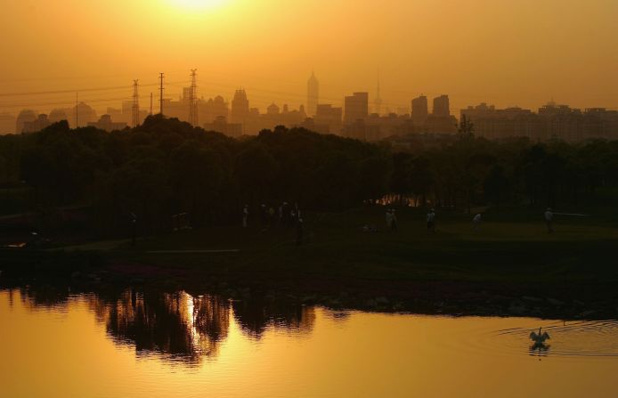 The unmistakable Shanghai skyline can be seen from the picturesque Tomson Golf Club in China.