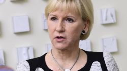 Sweden's Foreign Minister Margot Wallstrom talks to journalists after a meeting with representatives of the Swedish business community at the Ministry of Enterprise and Innovation in Stockholm, Sweden, on March 19, 2015. Saudi Arabia has stopped issuing business visas to Swedish citizens, the Swedish foreign ministry said amid a deepening diplomatic row between the Nordic country and the Gulf.