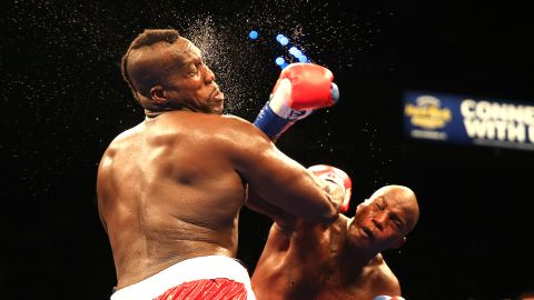 Terrance Marbra lands a right hand to the head of Ernest Zeus Mazyck during a heavyweight boxing match Saturday, September 5, in Hollywood, Florida. Marbra won the four-round bout by majority decision.