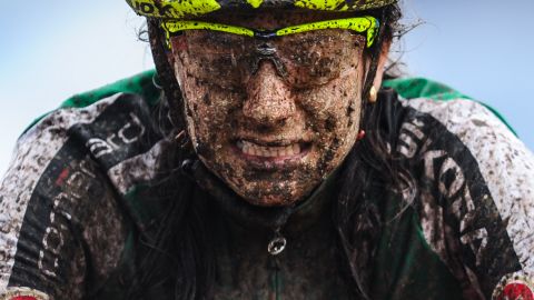 Mud covers the face of Swiss cyclist Ramona Forchini after she won a cross-country race in La Massana, Andorra, on Friday, September 4.