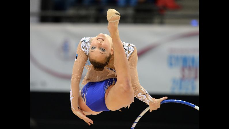 Estonia's Olga Bogdanova competes at the World Rhythmic Gymnastics Championships on Monday, September 7. This year's competition is being held in Stuttgart, Germany.