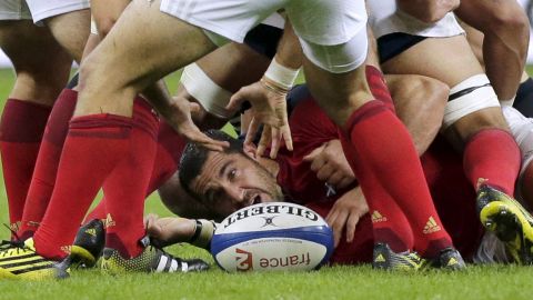 France's Scott Spedding looks at the rugby ball during a home match against Scotland on Saturday, September 5.