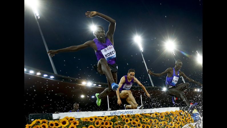 Kenya's Paul Kipsiele Koech clears a jump during the 3,000-meter steeplechase, an event he won at the Diamond League meet in Zurich, Switzerland, on Thursday, September 3.