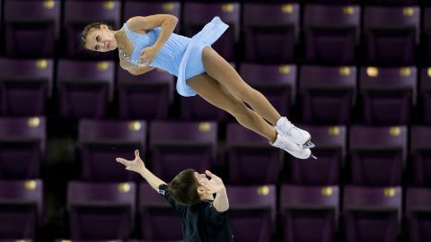 Russian figure skaters Anastasia Gubanova and Alexi Sintsov perform their free program during the Junior Grand Prix event in Colorado Springs, Colorado, on Saturday, September 5.
