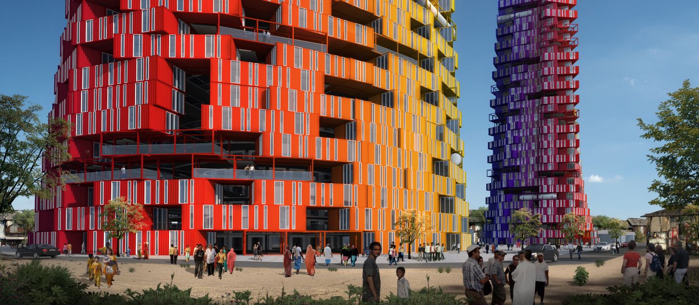 Containers would be colored from yellow to blue to regulate the city's fierce, sometimes deadly heat. The design includes non-residential units for water or public spaces. 