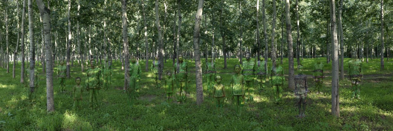 In this piece, Liu vanishes into a forest of tall birch trees. Can you spot him? <br />