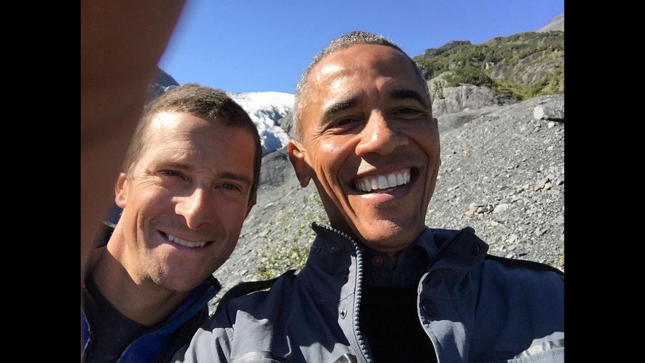 U.S. President Barack Obama takes a selfie with television personality Bear Grylls while visiting Alaska on Wednesday, September 2. "Glad this was the only Bear I met in the park," <a href="https://instagram.com/p/7HeWM_Qiit/?taken-by=whitehouse" target="_blank" target="_blank">Obama said on the White House Instagram account.</a> Obama <a href="http://www.cnn.com/2015/08/31/politics/obama-bear-grylls-running-wild-survival-show/" target="_blank">taped a show with Grylls</a> that will air later this year.