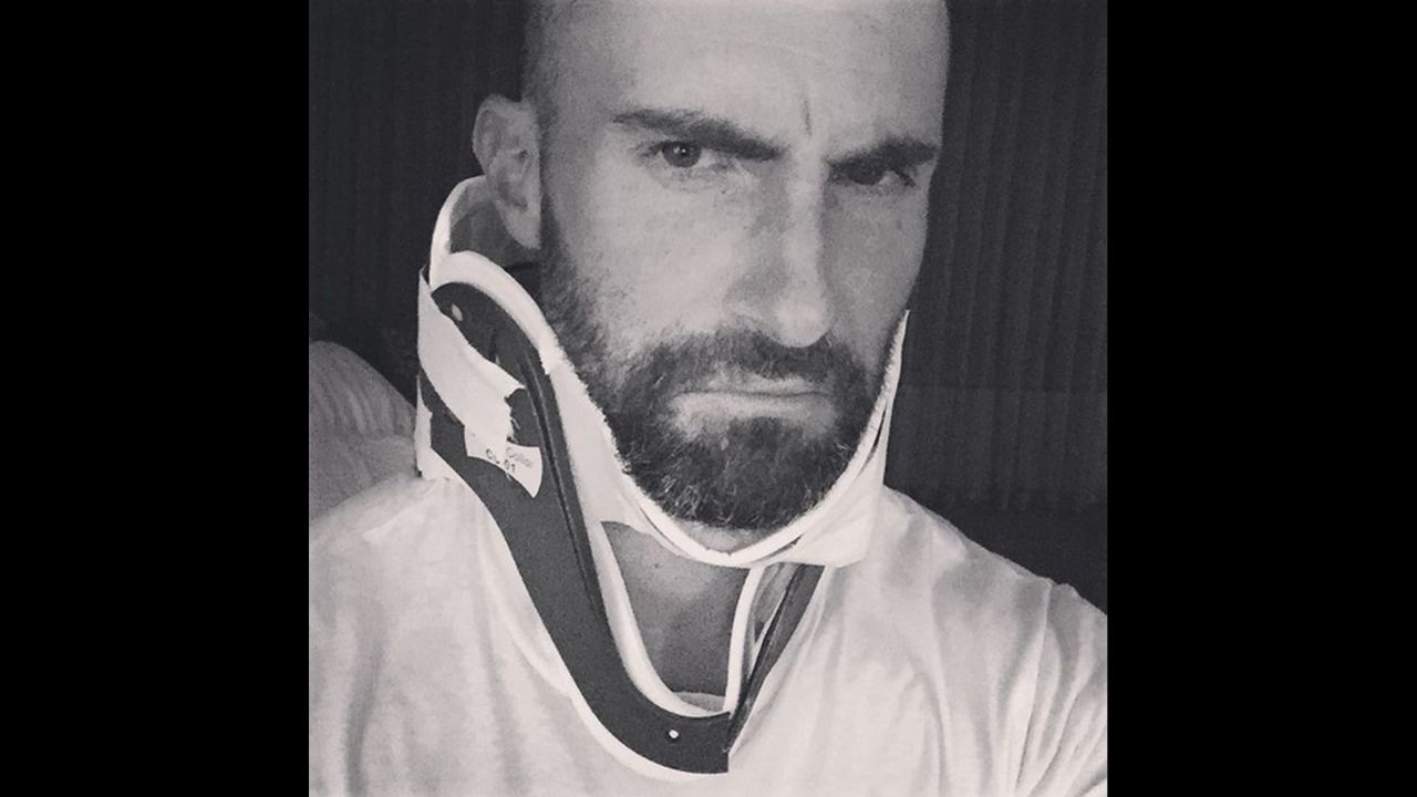 Maroon 5 frontman Adam Levine wears a neck brace in this selfie posted to his Instagram account on Sunday, September 6. Levine had to postpone a concert in Daegu, South Korea, because of "neck muscle issues," <a href="http://www.hollywoodreporter.com/news/maroon-5-postpones-south-korea-820804" target="_blank" target="_blank">according to The Hollywood Reporter.</a> "Hey guys. sorry we had to reschedule... I posted this photo of sad neck brace Adam purely for your sympathy," <a href="https://instagram.com/p/7SF3H3KjTV/?taken-by=adamlevine" target="_blank" target="_blank">Levine said on Instagram.</a> "See you Thursday! #Maroon5 #Vtour2015."