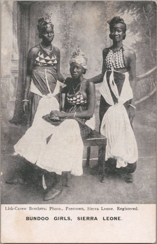 In cases such as this postcard, the exact name of the photographer was often lost in the long process between sitting and production. However, the curator speculates Alphonso Lisk-Carew could be behind this work from Sierra Leone.<br /><br />Bundoo Girls -- Sierra Leone, ca. 1905-1925<br />Unknown Artist [possibly Alphonso Lisk-Carew, Sierra Leonean, 1887-1969]<br />Photomechanical reproduction published by Lisk-Carew Brothers