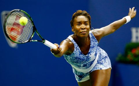 Venus Williams returns a shot to sister Serena during their quarterfinal match at the 2015 U.S. Open. Venus's serve was broken in the fifth game of the first set, setting her up for a difficult comeback.  