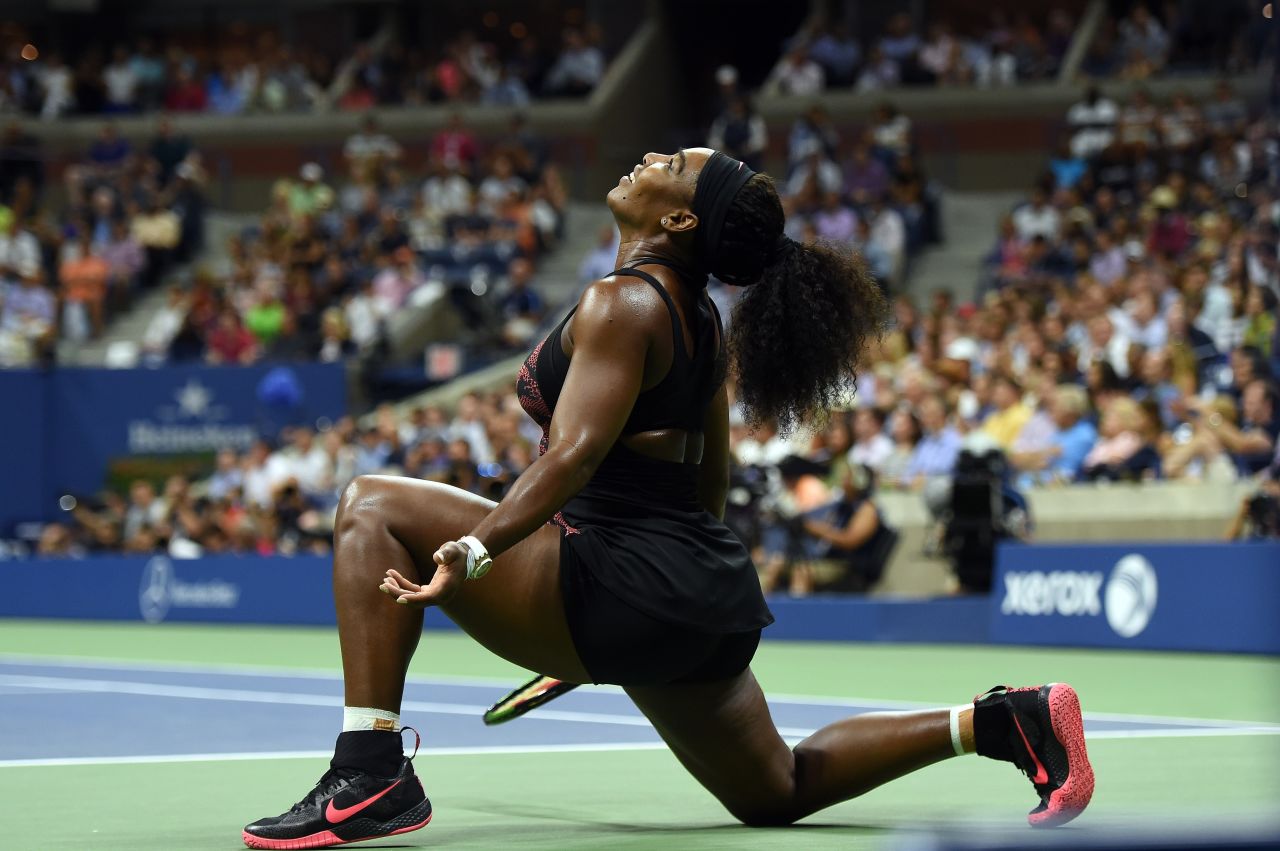 Serena Williams of the U.S. reacts as she takes on her sister Venus during their 2015 U.S. Open women's singles quarterfinals match. Serena won in three sets to move on to the semifinals. 