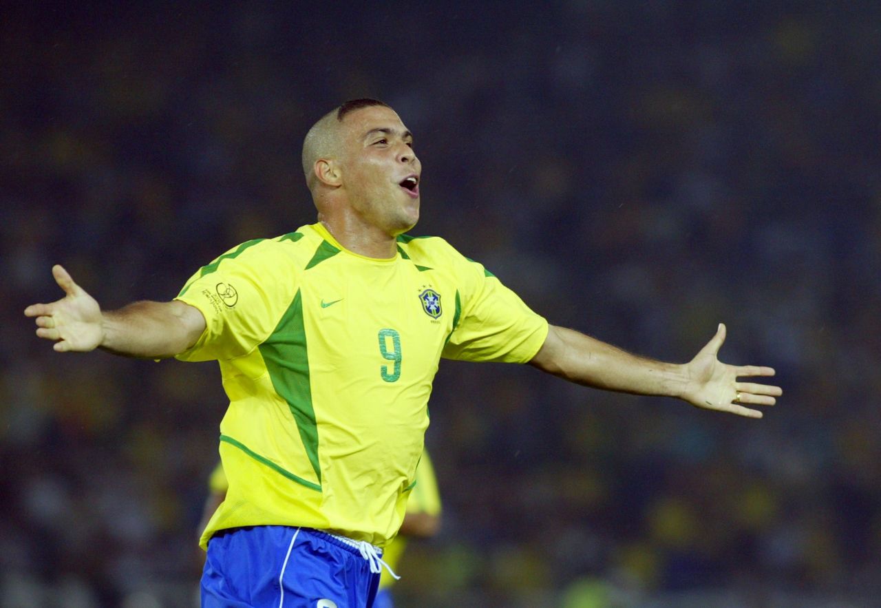 Brazil's forward Ronaldo celebrates after scoring the second goal against Germany during the 2002 FIFA World Cup final. 