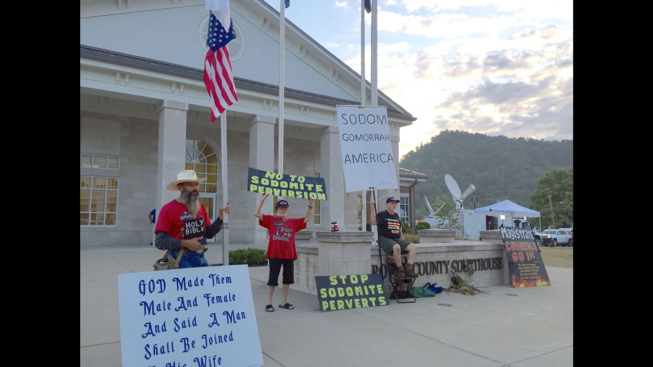 Opponents of same-sex marriage protest Wednesday at the courthouse.