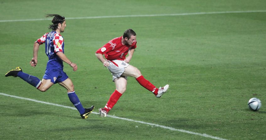 Rooney scores his second goal during the UEFA Euro 2004 -- considered his breakout tournament and, by many, the zenith of his tournament career. This shows the match between Croatia and England at the Estadio da Luz Stadium on June 21, 2004 in Lisbon, Portugal.