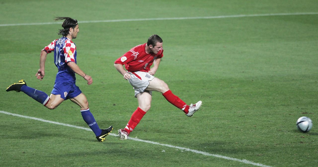 Rooney scores his second goal during the UEFA Euro 2004 -- considered his breakout tournament and, by many, the zenith of his tournament career. This shows the match between Croatia and England at the Estadio da Luz Stadium on June 21, 2004 in Lisbon, Portugal.