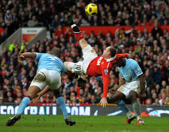 Rooney scores an outstanding bicycle kick for  Manchester United against fierce city rivals Manchester City at Old Trafford in Manchester on February 12, 2011.