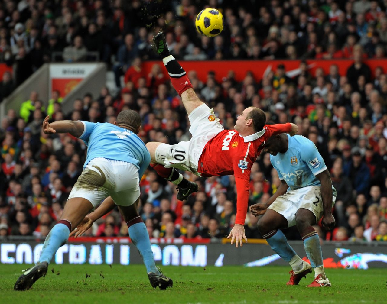 Rooney scores an outstanding bicycle kick for  Manchester United against fierce city rivals Manchester City at Old Trafford in Manchester on February 12, 2011.