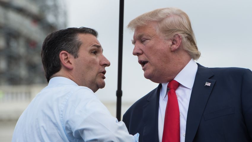 US Republican presidential candidate Donald Trump (R) is greeted on stage by fellow Republican candidate Ted Cruz before speaking at a rally organized by the Tea Party Patriots against the Iran nuclear deal in front of the Capitol in Washington, DC, on September 9, 2015.  AFP PHOTO/NICHOLAS KAMM        (Photo credit should read NICHOLAS KAMM/AFP/Getty Images)