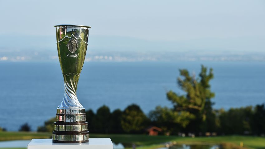 The Evian Championship trophy is seen prior to the start of the tournament in Evian-les-Bains, France.