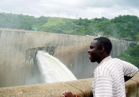 The Kariba Dam on the Zambezi river, Zambia. It is 128 meters tall and forms Lake Kariba, the world's largest man-made lake by volume.