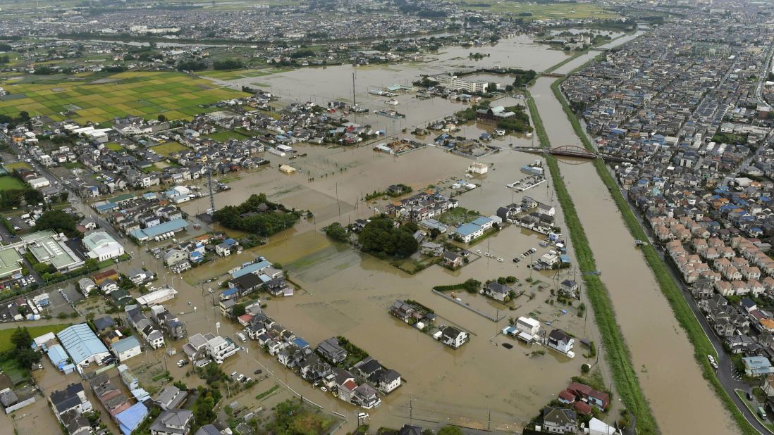 Floodwaters fill streets in the town of Koshigaya, near Tokyo, on September 10.