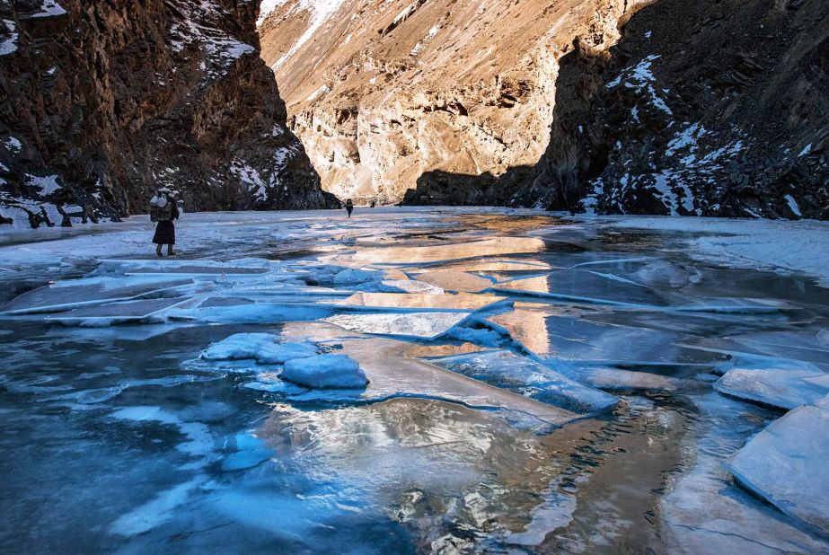 Some rapids on the Zanskar River never freeze over. As the river chews the ice from beneath the surface and river rocks crack newly frozen sections, surface ice breaks off like shards of glass.