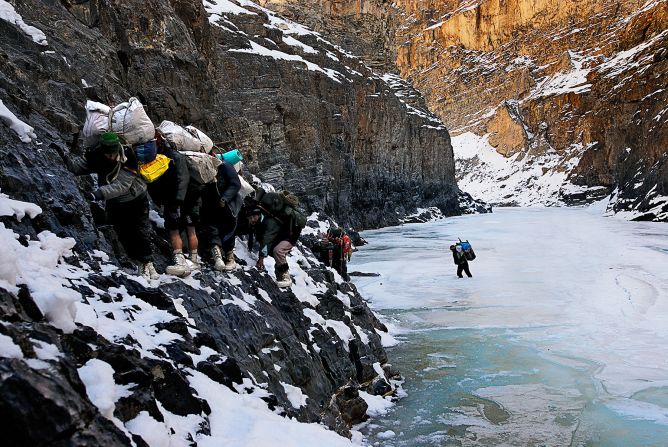 Climbing the gorge walls while carrying rations that weigh close to 40 kilograms (88 pounds) is painful. The thought of their waiting families and the urge to exit the Chadar as quickly as possible keep the Zanskaris moving.