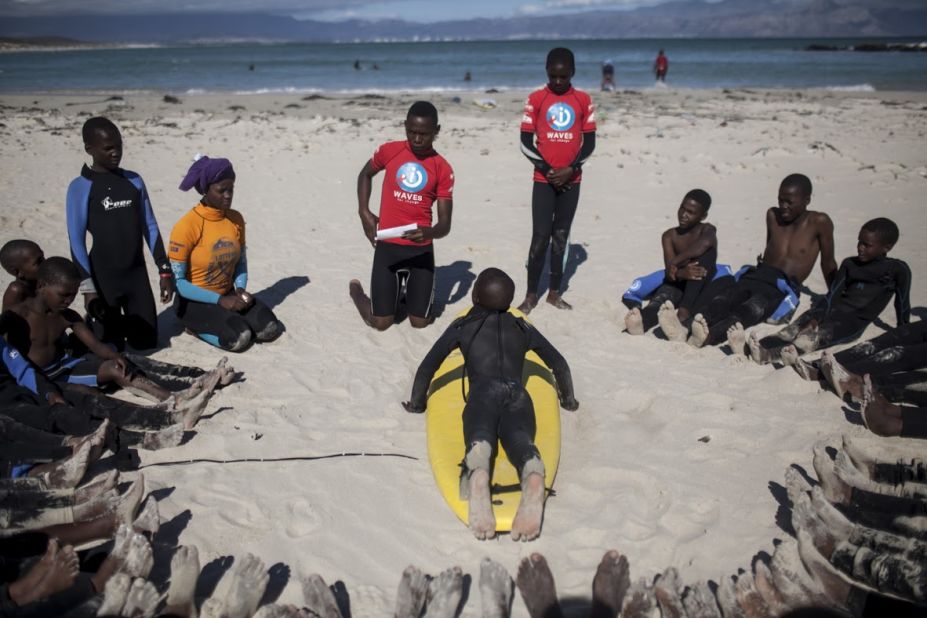 Kids at Monwabisi Beach in Khayelitsha learn the basics, under tuition from local W4C coaches.