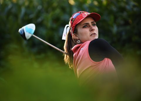 Joint first-round leader Lexi Thompson hits a tee shot on Thursday. The American carded a 66 to finish on five under par.