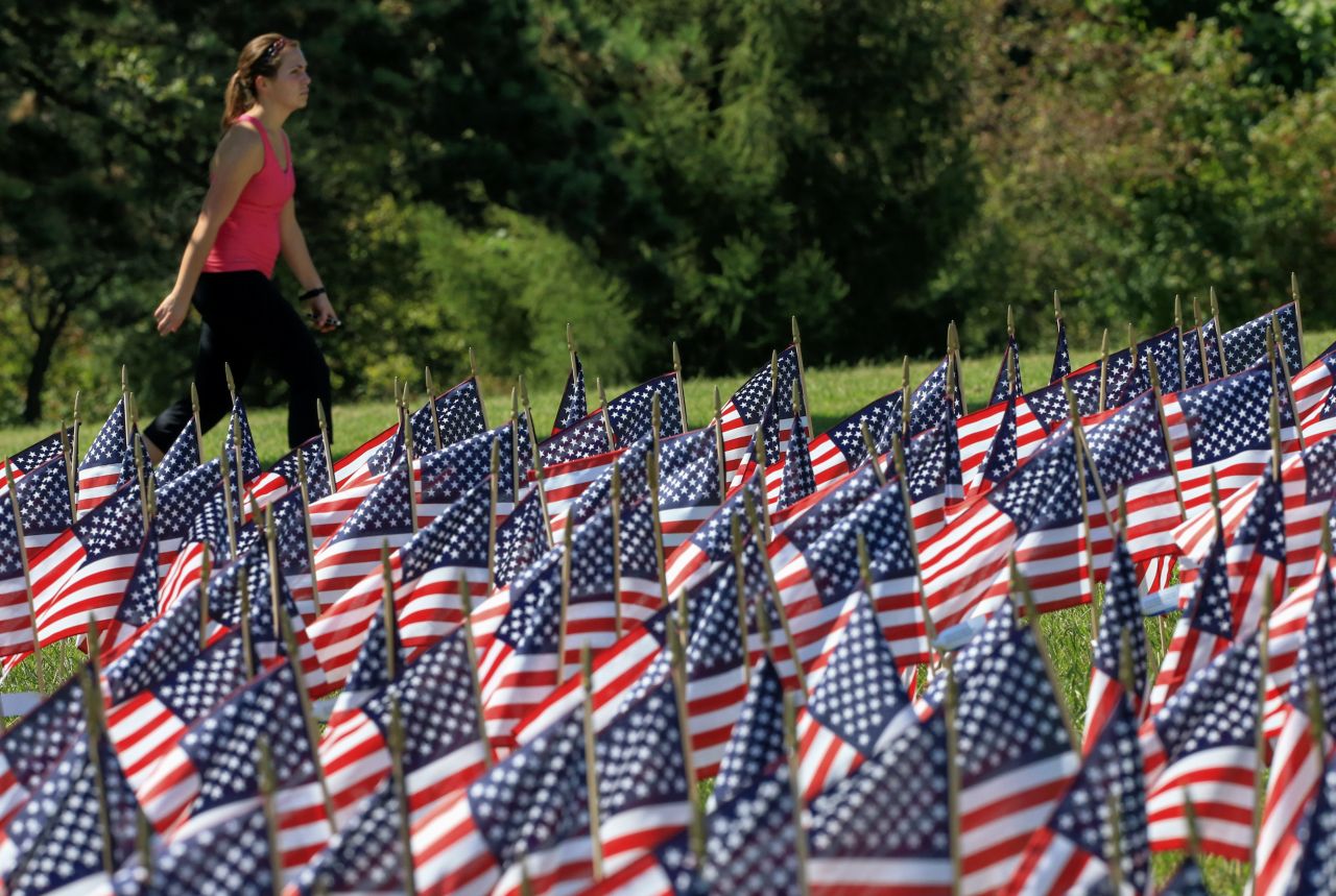 Flags carry the names of the 9/11 victims at Memorial Park in Omaha, Nebraska, on September 10.