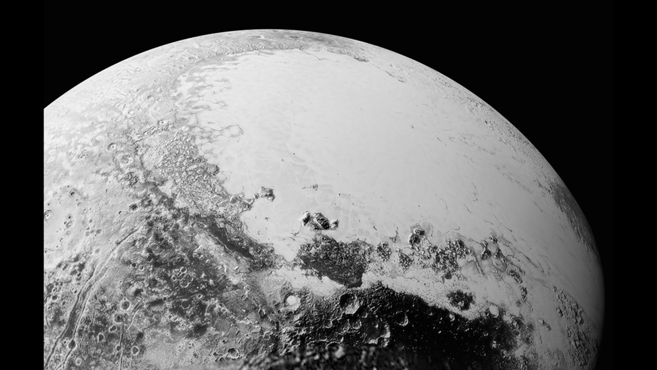 This picture is a synthesis of new high-resolution images downlinked from New Horizons. The broad icy plains have been nicknamed Sputnik Planum. This image is from a perspective above Pluto's equatorial area. Astronomers began downlinking a data dump from the space craft over Labor Day weekend, September 5 to 7.