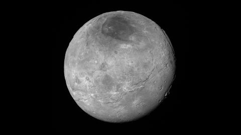 Just before its closest approach to Pluto on July 14, NASA's New Horizons spacecraft snapped this photo of Charon, Pluto's largest moon. The photo was shot at a distance of 290,000 miles away. Charon's north pole region is markedly dark. This photo was released on September 10.