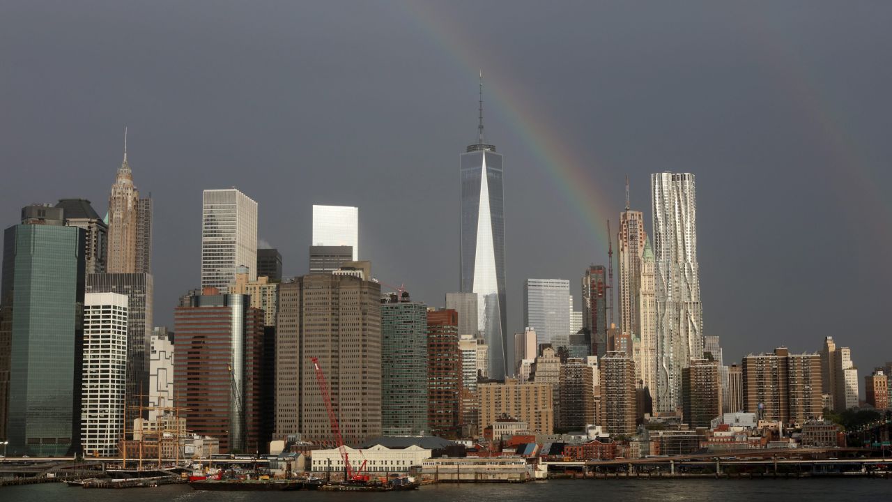 A rainbow appears over New York's One World Trade Center on Thursday.