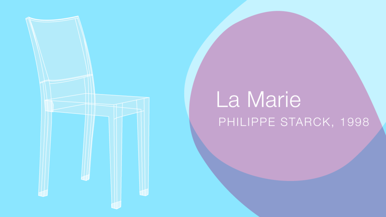 La Marie by Philippe Starck for Kartell was one of the first polycarbonate chairs that afforded a strong chair. Polycarbonate wants to mold into straight lines, not curves, for better structure -- making this form ideal. The chair became famous because of the fun shades of transparent polycarbonate. Also the small scale of the chair made it successful for tight conference rooms and restaurants.<br /><br /><strong>Material: polycarbonate | Production: injection molding</strong>