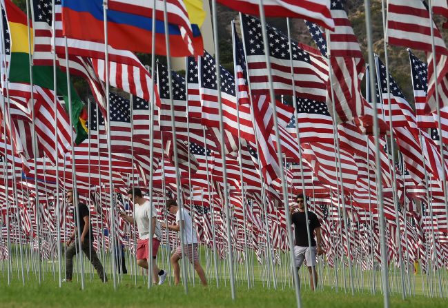 Some 3,000 flags erected by Pepperdine University students and staff honor the victims of 9/11 on the Malibu, California, on September 10.