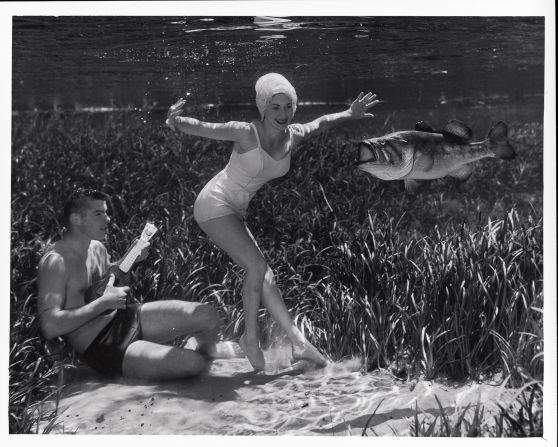 Mozert's work often feature groups of friends or couples caught in social moments. "The photographs showed the same reality that defined popular white male-dominated 1950s culture. Mozert commented about the sensual quality of women's hair underwater, and men drove those vacation-bound cars."