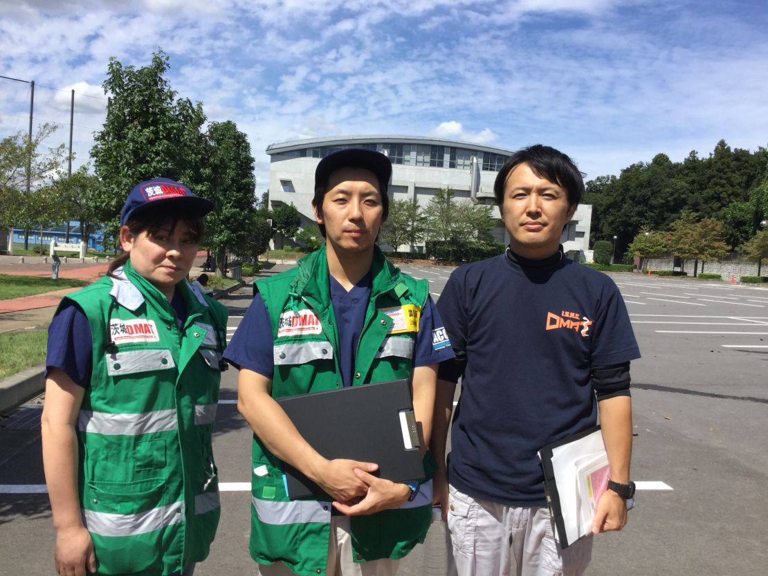 Noriko Okubo, nurse (l), Tsubasa Serizawa, coordinator (c), Shingo Ishihara, coordinator (r), members of the Ibaraki DMAT.