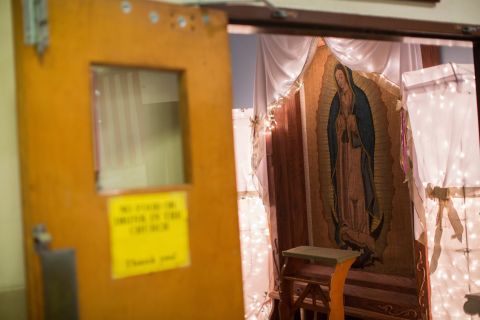 A tapestry depicting the Virgin of Guadalupe, revered by many Mexicans, remains inside the sanctuary at Our Lady of Fatima. Msgr. Edward Deliman says he's found a place where it could go inside Saint Charles Borromeo, but he's waiting for parishioners to decide when it should move.