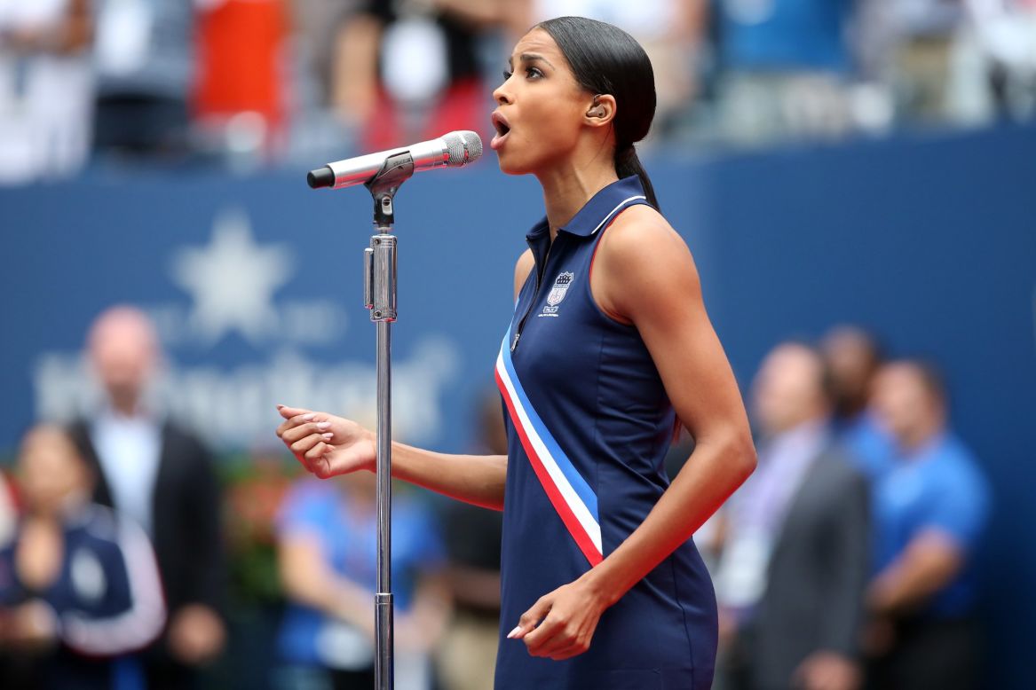 Ciara sings "God Bless America" prior to the women's singles final before a capacity Flushing Meadows crowd.