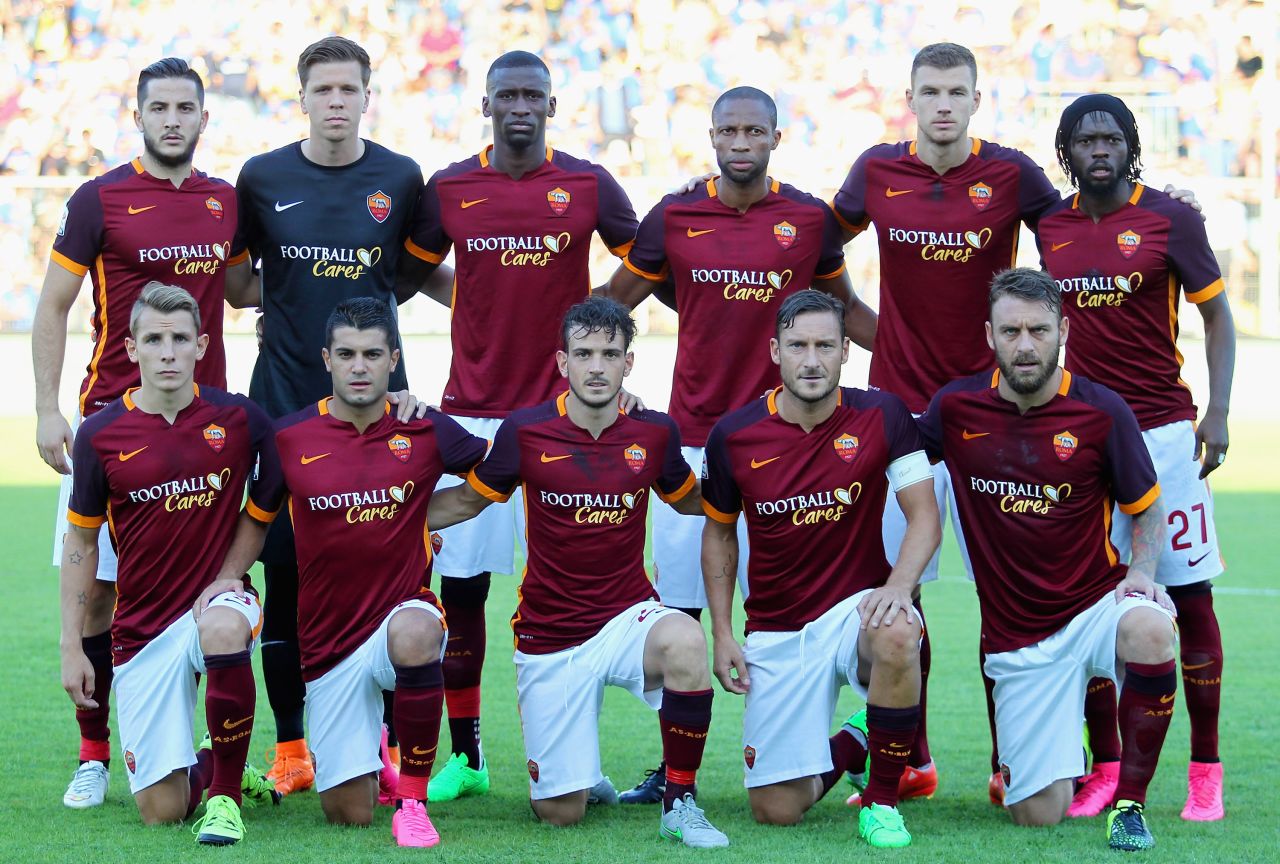Roma players pose for a team picture before a Serie A match against Frosinone with "Football Cares" emblazoned across their jerseys.