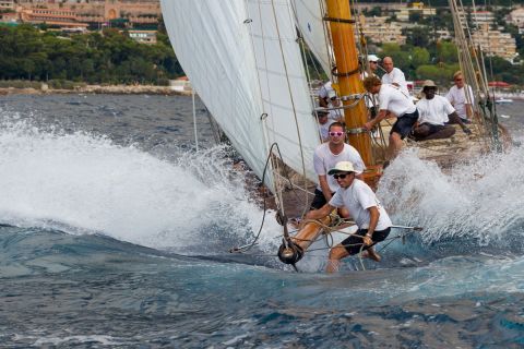 A crew battle to stay above the water in the midst of the 12th Monaco Classic Week.