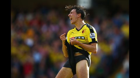 Steven Berghuis celebrates after Watford defeated Swansea City 1-0 in a Premier League match played Saturday, September 12, in Watford, England.