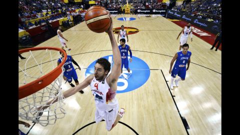 Pau Gasol dunks the ball for Spain during a EuroBasket game against Italy on Tuesday, September 8. Italy won the game but both teams would eventually advance to the knockout stage of the tournament.