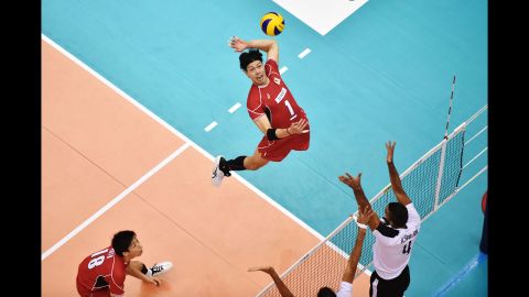 Japan's Kunihiro Shimizu spikes the ball during a World Cup match against Egypt on Tuesday, September 8. The tournament is taking place in Japan.