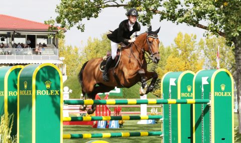 Scott Brash rides Hello Sanctos over the last jump to win the Rolex Grand Slam and the CP International Grand Prix at the Spruce Meadows Masters championships In Calgary, Canada on Sunday.