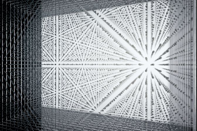 "Air Cell is created by dividing a space into a grid pattern, and placing dots of glue on the points where the grid lines intersect. The dots arranged in an orderly fashion at equal<br />intervals give the impression of undifferentiated cells being cultured en masse in light."