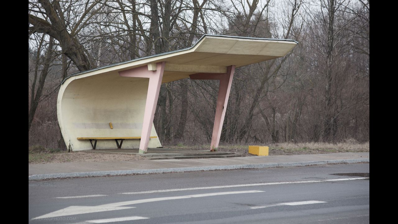 "I was getting off my bike to photograph things I normally wouldn't photograph -- things like clothes lines, power lines, mail boxes and bus stops," Herwig says. "And then as I got into the former Soviet Union, I saw these bus stops were actually worthy of me taking photographs."