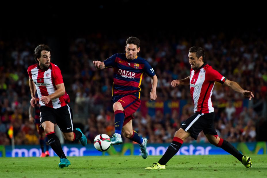 <strong>August 17, 2015: </strong>Messi's goal against Athletic Bilbao was not enough to help his side stage an unlikely comeback in the Supercopa.  Barcelona were bidding to overturn a 4-0 first leg deficit, but the tie ended 1-5 on aggregate.